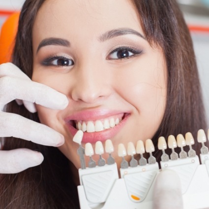 Woman having teeth shade matched for cosmetic dentistry in Rogers