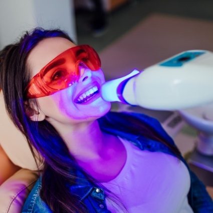 Female patient receiving teeth whitening treatment